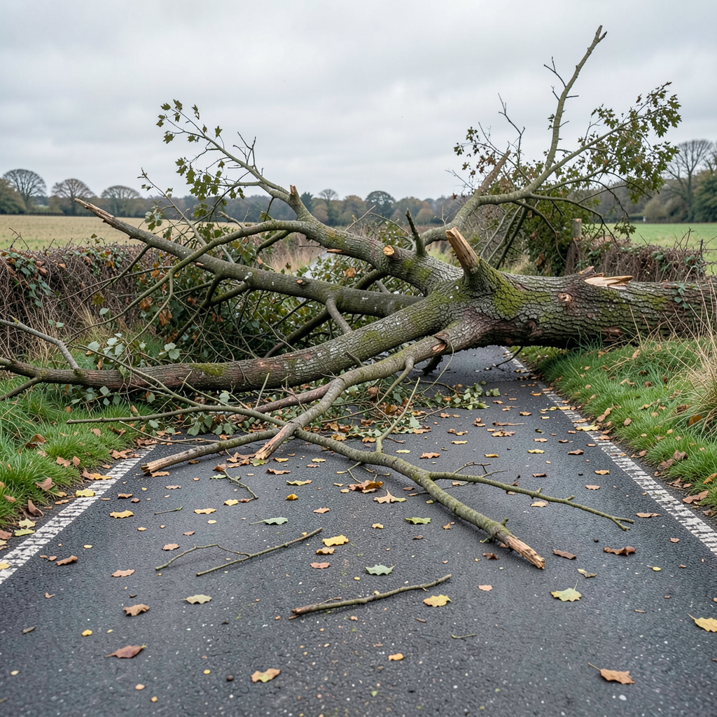 Fallen tree blocks A4095 Bicester Road between Bicester and Chesterton